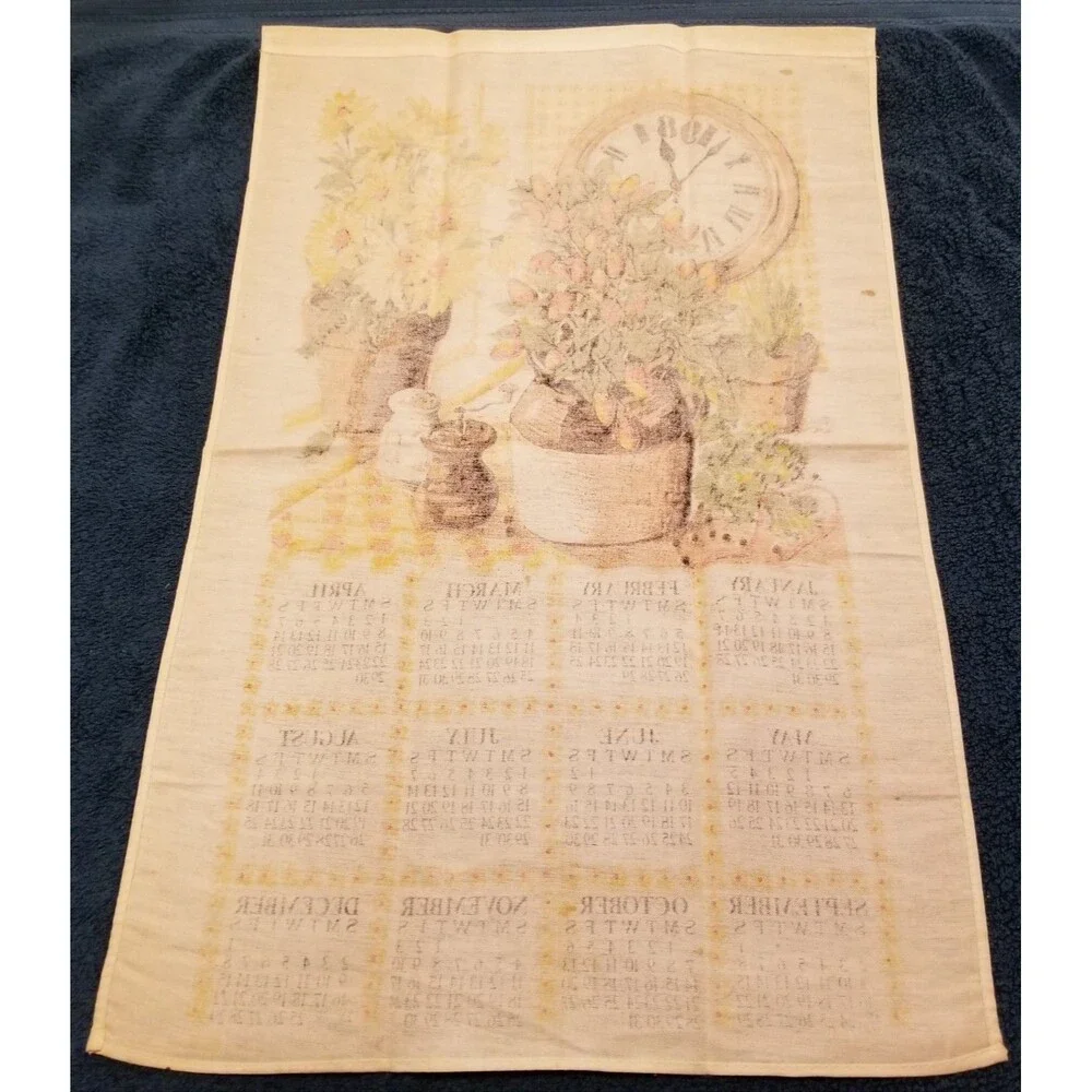 Vintage linen tea towel calendar flowers in vase and clock 1984 new old stock